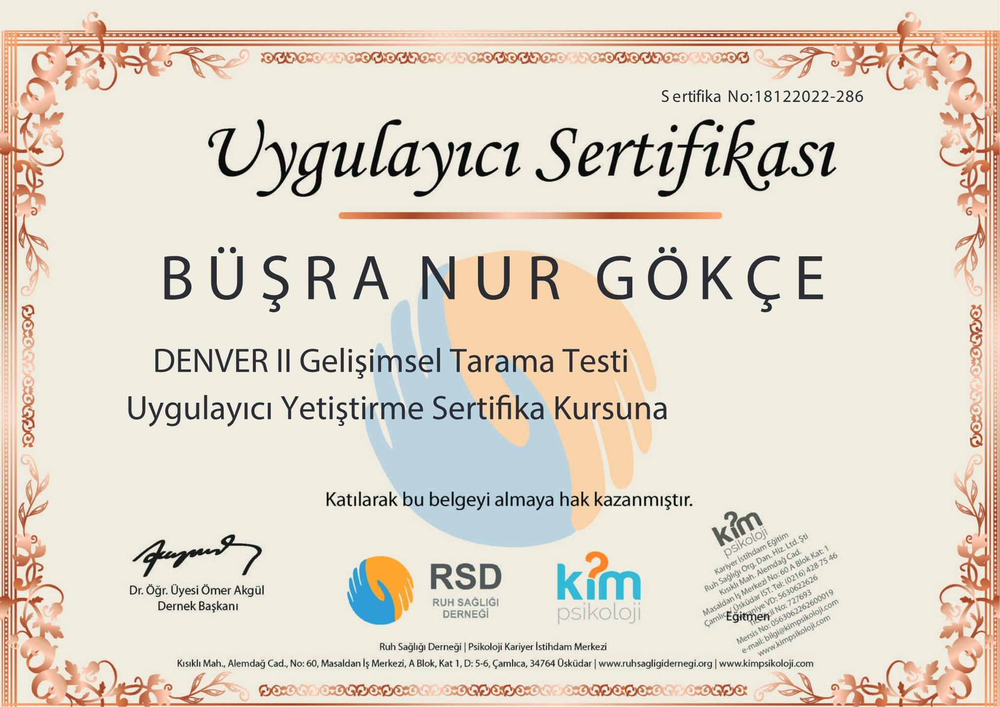 DENVER II Gelişimsel Tarama Testi Uygulayıcı Sertifikası — Ruh Sağlığı Derneği ve Kim Psikoloji