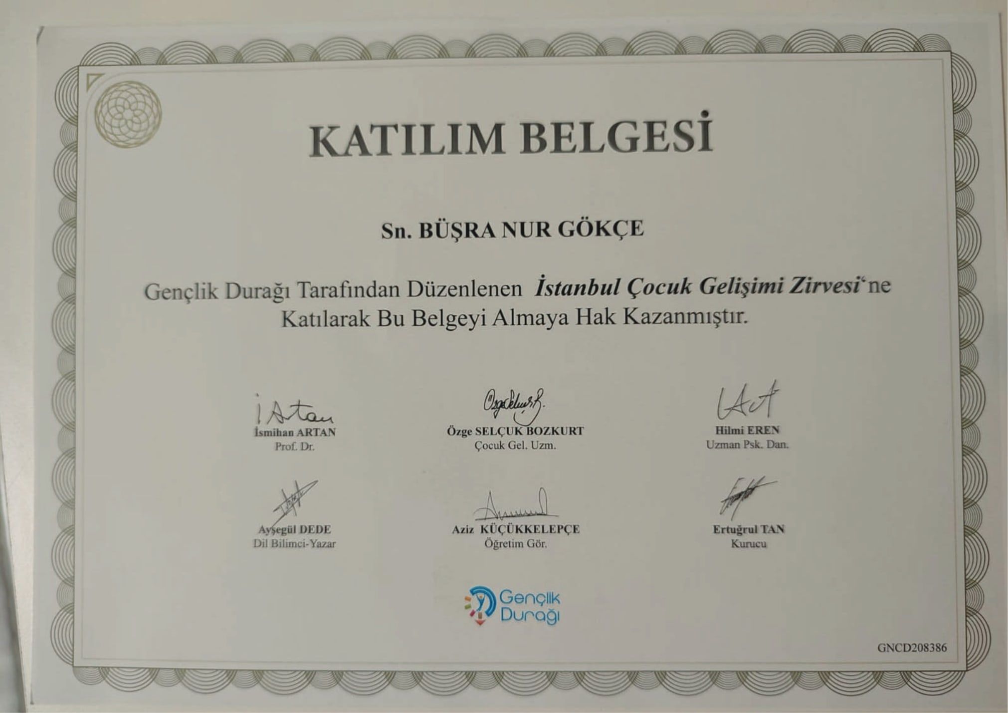 İstanbul Çocuk Gelişimi Zirvesi katılım belgesi — Gençlik Durağı