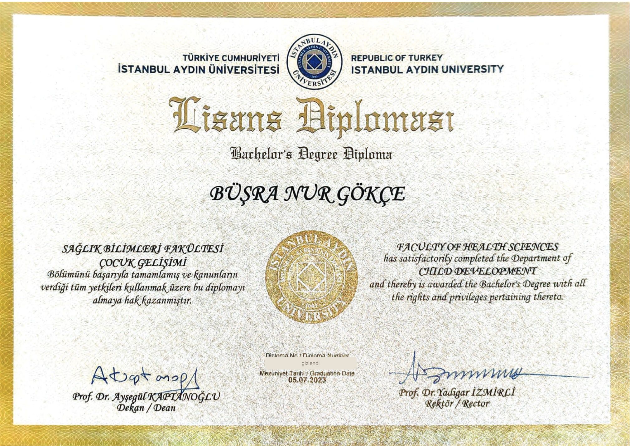 Çocuk Gelişimi Lisans Diploması — İstanbul Aydın Üniversitesi, Sağlık Bilimleri Fakültesi