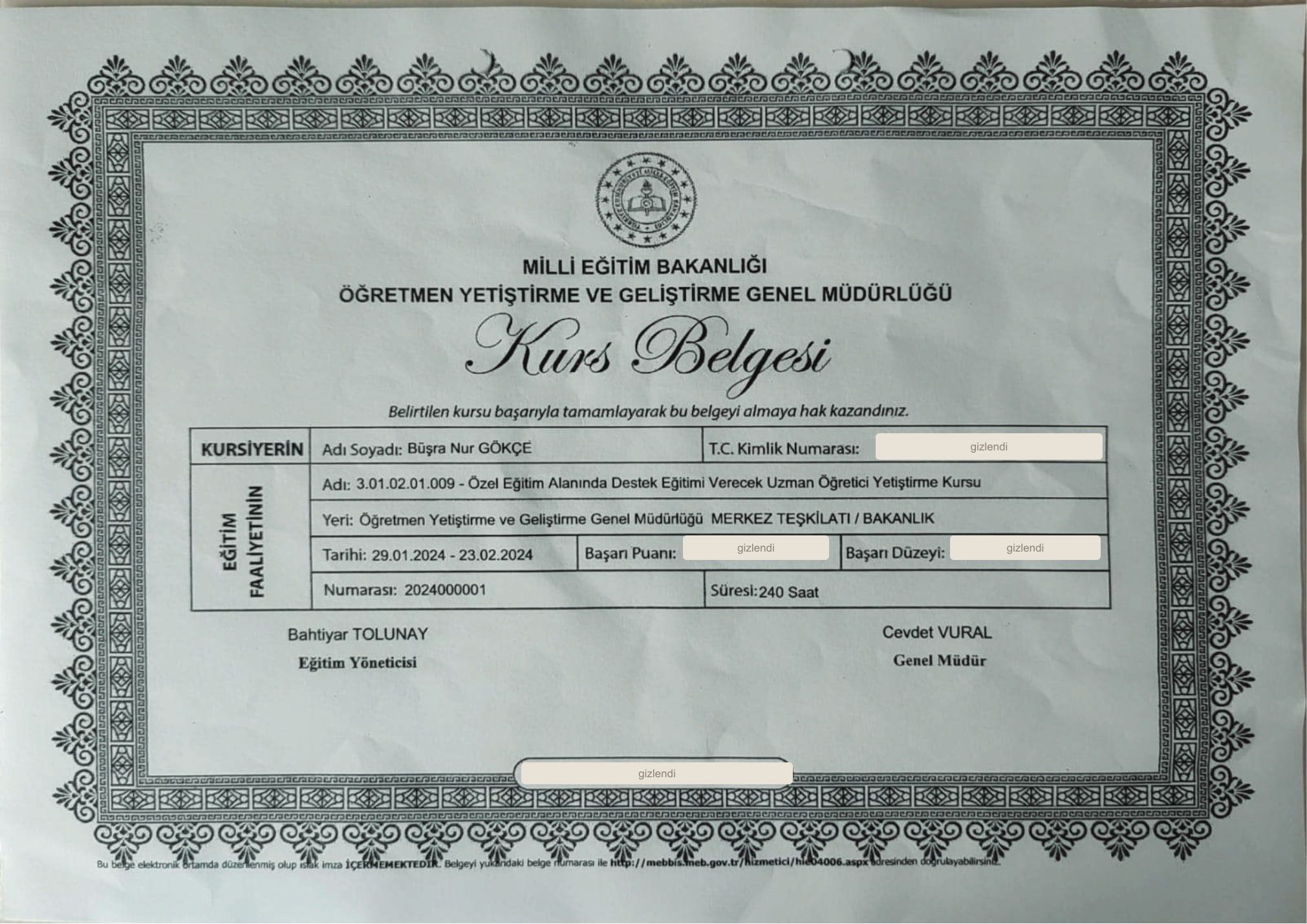 Özel Eğitim Alanında Destek Eğitimi Verecek Uzman Öğretici Yetiştirme Kursu — Millî Eğitim Bakanlığı, Öğretmen Yetiştirme ve Geliştirme Genel Müdürlüğü