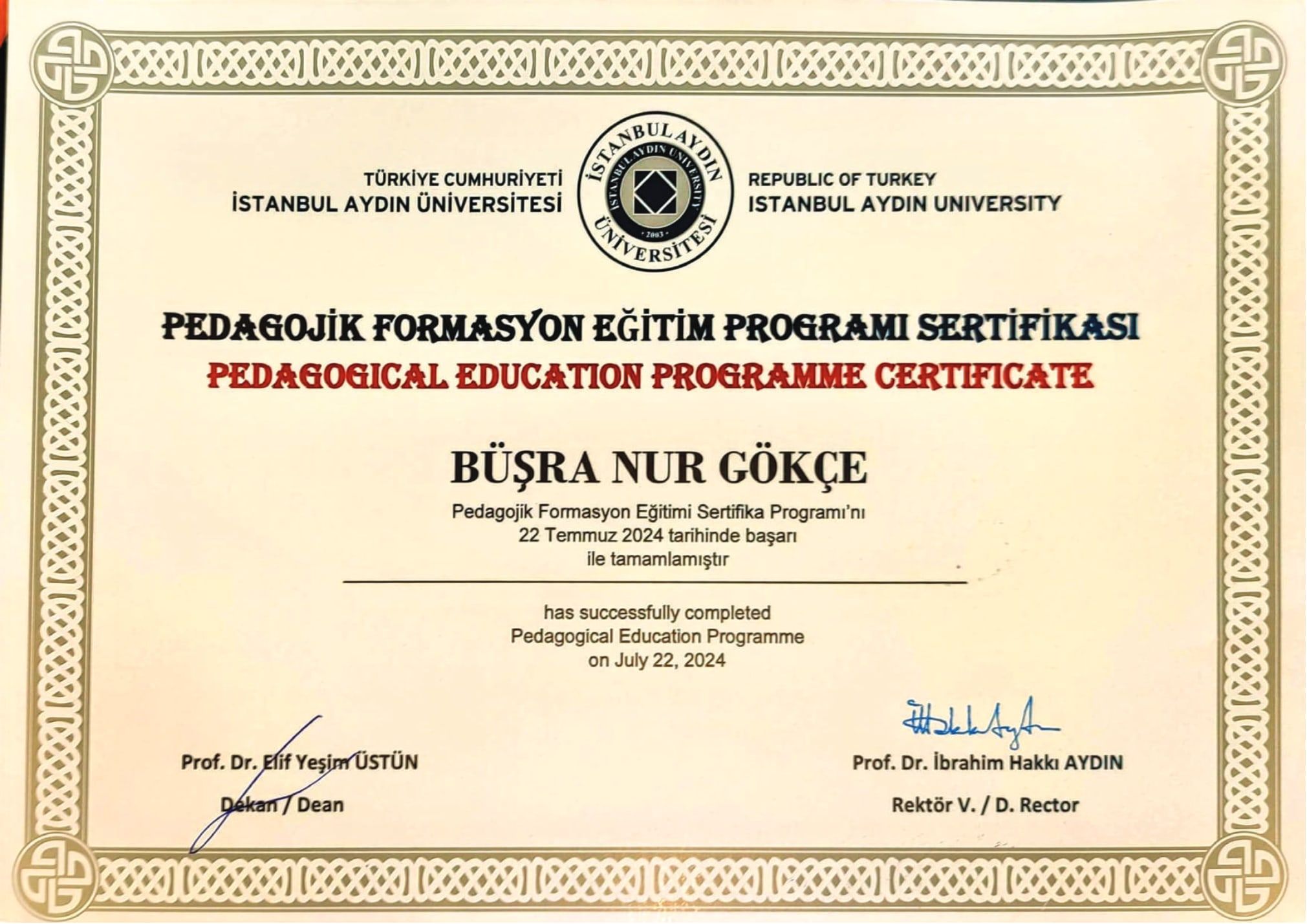 Pedagojik Formasyon Eğitimi Sertifikası — İstanbul Aydın Üniversitesi
